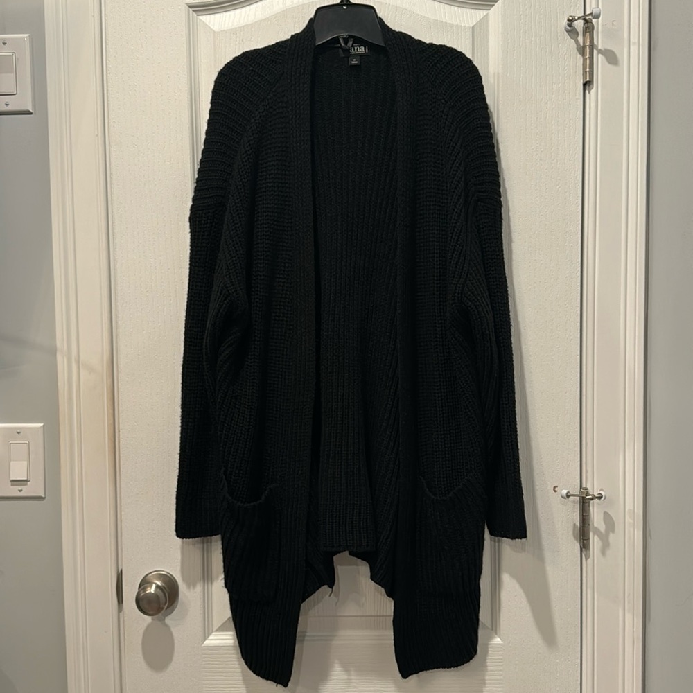 1X a.n.a. (A New Approach) Black Long Cardigan Sweater w. Two Front Pockets Knit